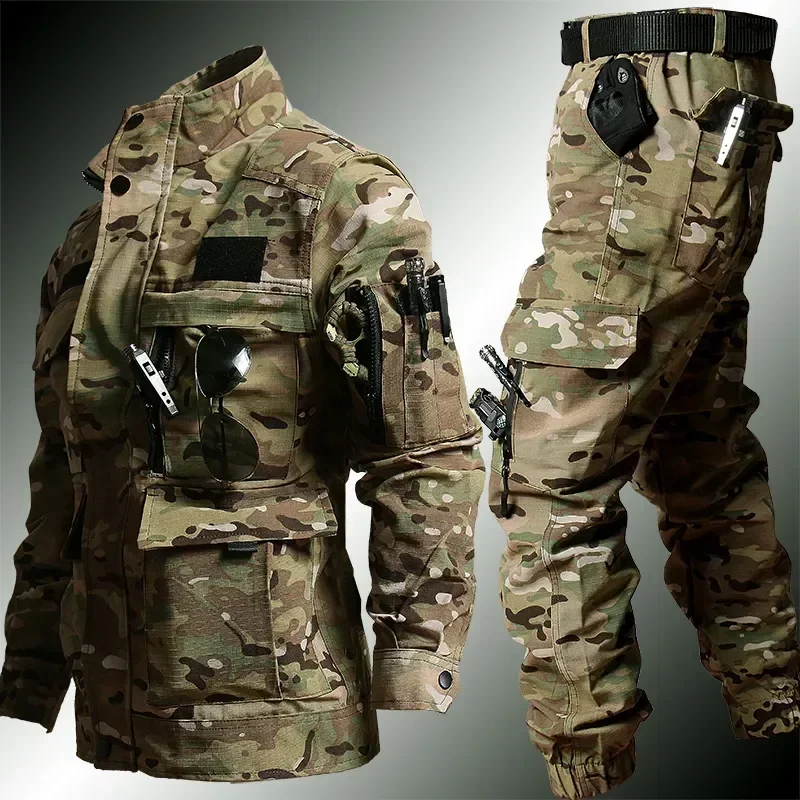 Tattiche Set sportivi uomo Camo Multi-pocket Ripstop Cargo giacche + caccia Training resistente all\'usura 2 pezzi abiti Outdoor Tactical Set