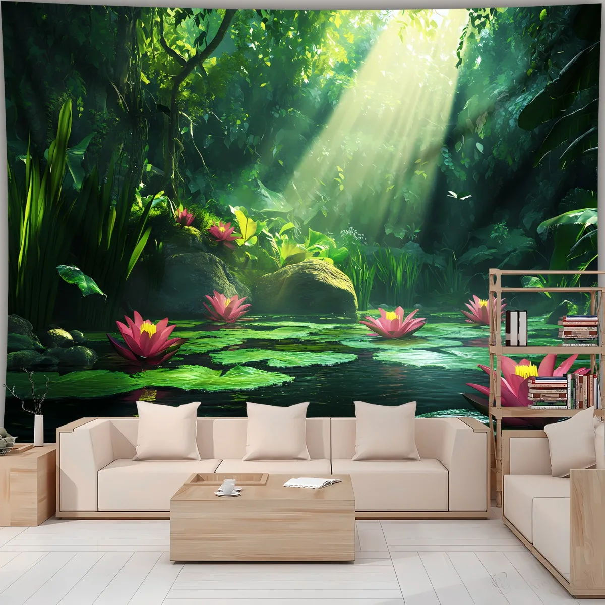 Serene Lotus Lake Forest Tapestry Polyester Wall Hanging Boho Living Room Bedroom Office Decor Sunlight Rays