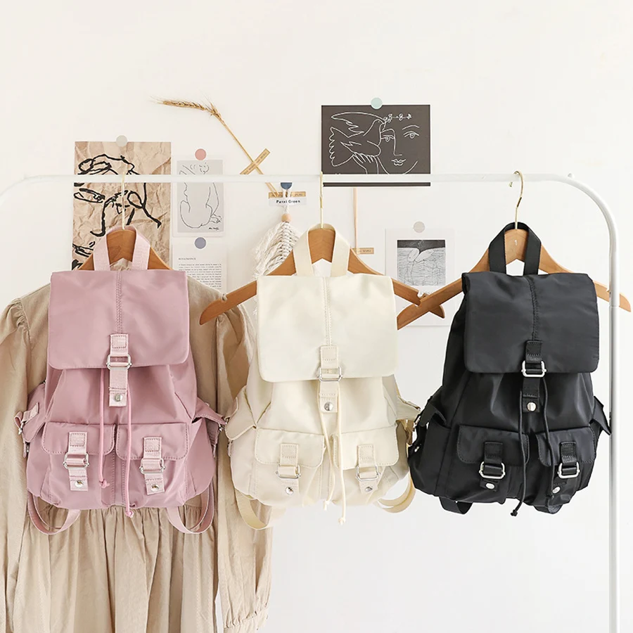 Japanese lazy nylon cloth backpack female students schoolbag large capacity retro casual travel drawstring hasp shoulder daypack