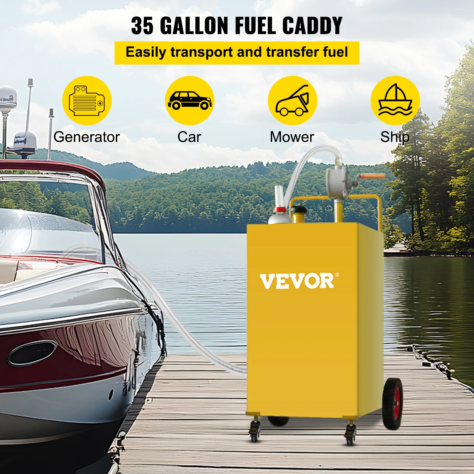 VEVOR Fuel Caddy 35 Gallon with Manuel Transfer Pump Gasoline Diesel Fuel Container for Cars Lawn Mowers ATVs Boats