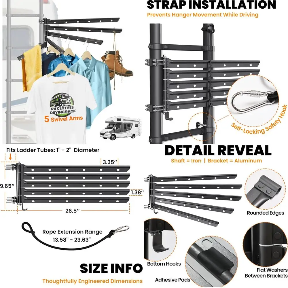 

Металлическая сушилка для одежды на лестнице с 5 поворотными рычагами, складная, ширина 26,5 дюйма, поддерживает до 90 фунтов, идеально подходит для использования на колесах