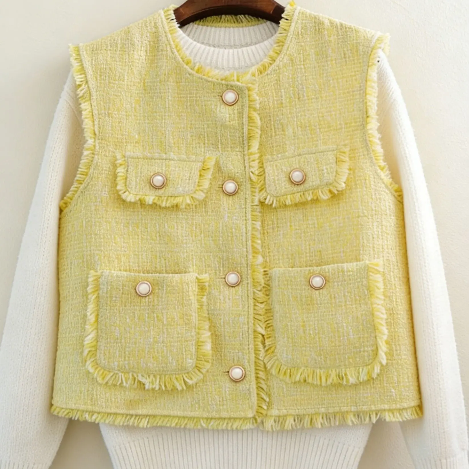 Women Small Fragrance Jacket Yellow Tassel Vest Tweed Jacket Coat Loose Versatile Sleeveless Jacket Female Waistcoat Outerwear