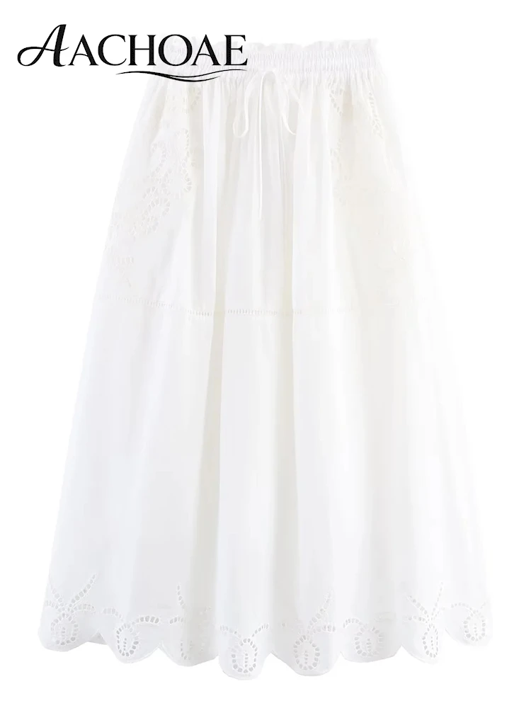 AACHOAE Women Cotton Eyelet Embroidered Midi Skirt Boho A-Line Skirt Scallop Hem Hollow Out Lace Trim Casual Summer Beach Skirt