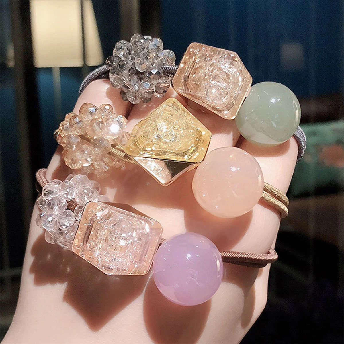 4pcs square bead head rope Korean version cute crystal bead hair rope simple small fresh girl hair ring