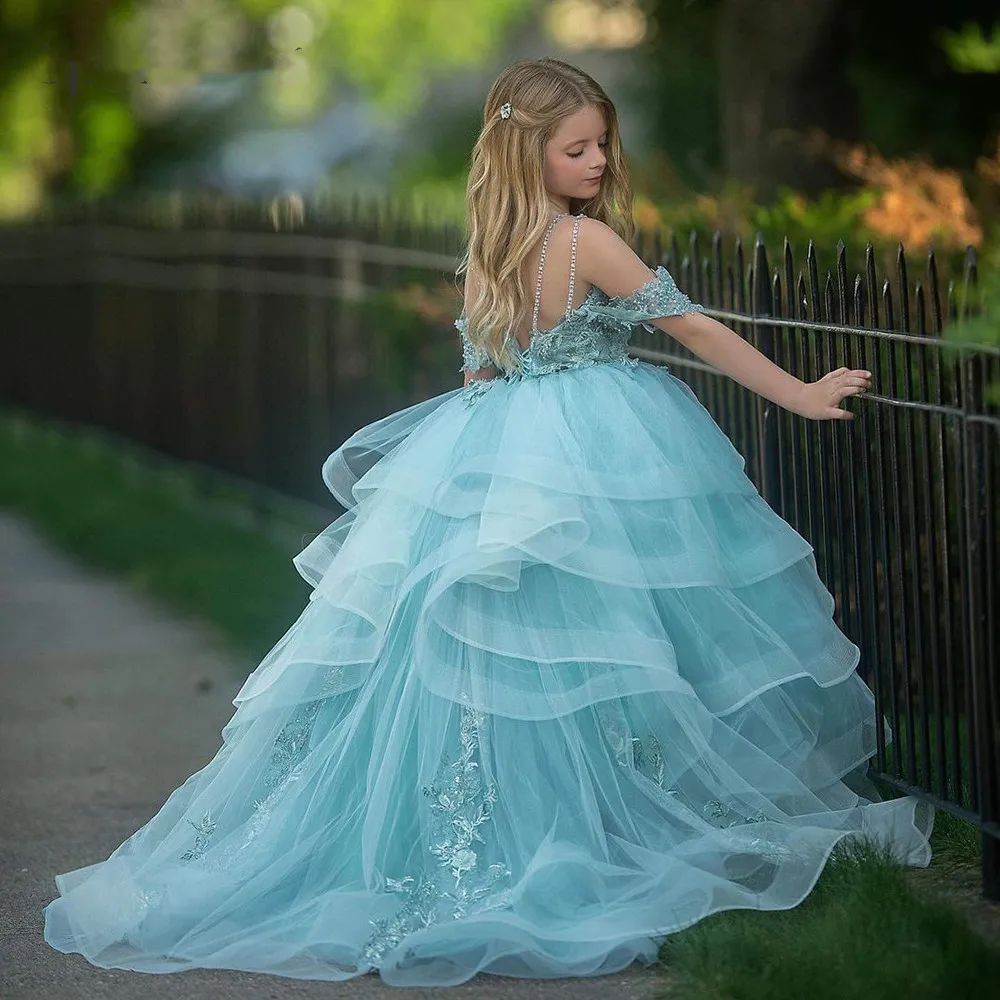 New Summertime Girl Dresses Off The Shoulder Princess Tulle Puffy First Communion Birthday Party Dress Cute Kids Gown