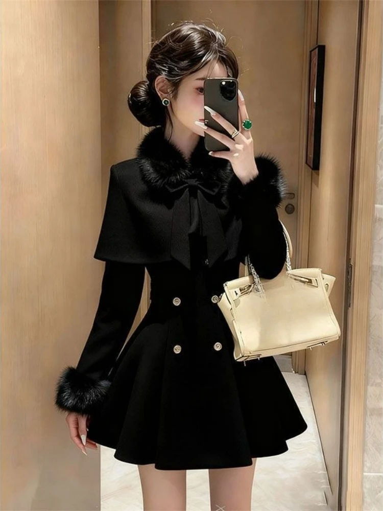 French Elegant Vintage Woolen 2 Piece Set Women Faux Fur Collar Cape + Fit Chic Dress New Winter A-Line Retro Party Outfits 2025