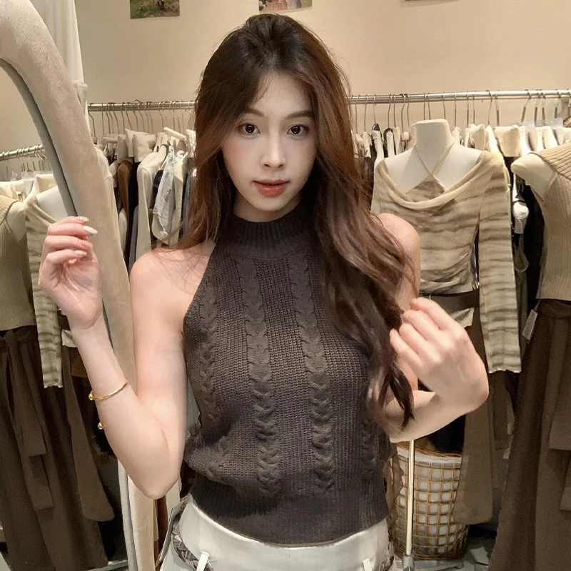 

Модный повседневный облегающий эластичный вязаный жилет с бретелькой на шее для женщин