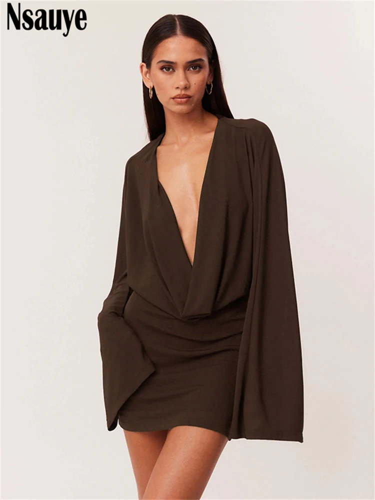 Nsauye موضة الشتاء 2025 فستان نسائي أنيق بأكمام طويلة قصير ملفوف أبيض مثير منخفض القطع للنوادي الليلية فساتين سهرة للحفلات