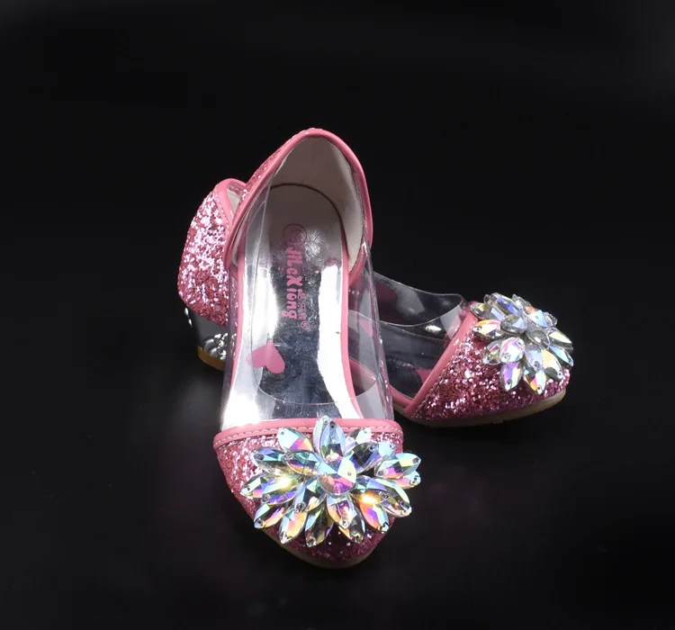 Princess Kids Leather Shoes Diamond Flower Casual Children High Heel Transparency Girls Sandals Student Performance Shoes