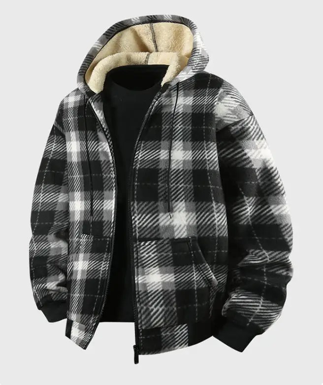 Neue modische, mit Fleece gefütterte, lässige Herren-Hemdjacke mit Kapuze und Karomuster – Detail 4