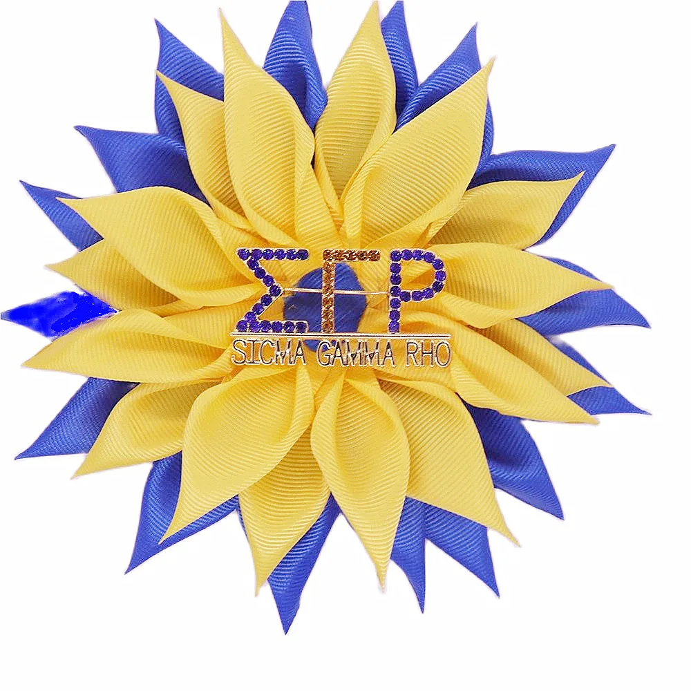 Great Quality New Design Solid Yellow Blue Satin Ribbon Corsage Sun Flower Greek Soror Sigma Gamma Rho Pin Brooch Jewelry