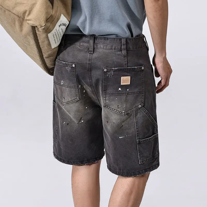 JXN2038 Summer new splash ink work shorts men loose splicing cotton straight five trousers American casual