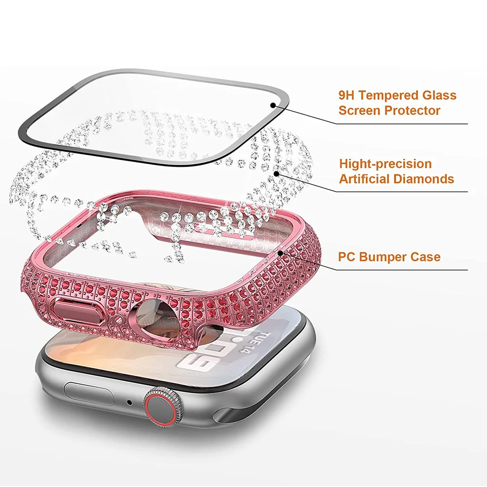 Diamond Full Protection Hard PC Cover Bumper for Iwatch 7 Accessories Tempered Glass Screen Protector for Apple Watch Series 8 7