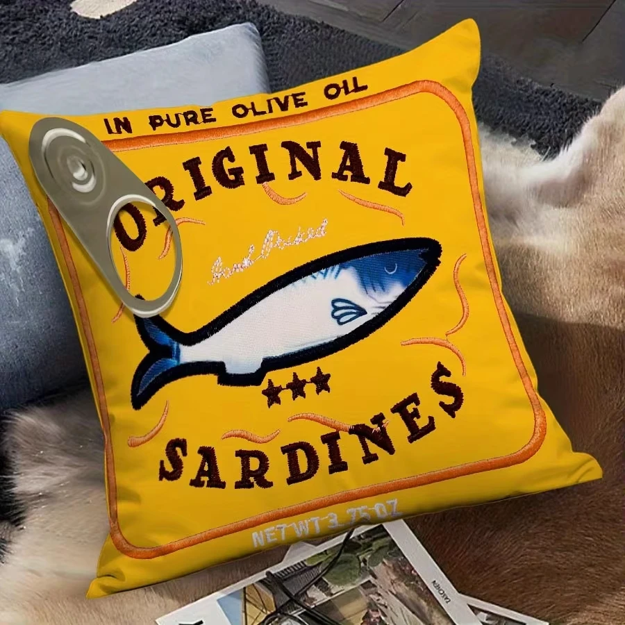 Double Sided Funky Sardine Tin Cushion Cover, Soft Polyester 2D Print Pillow for Sofa Bedroom Industrial Retro Home Decor