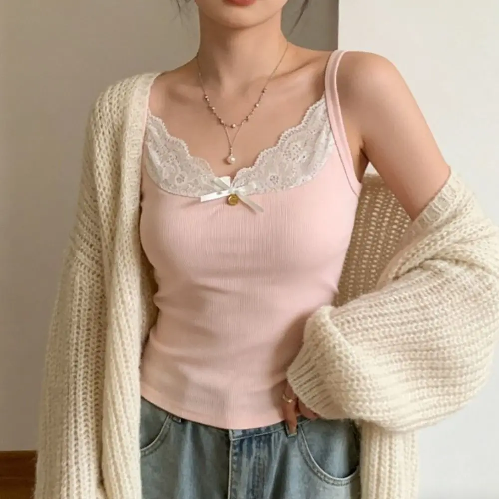 

Simple Sleeveless Lace Lace Strap Vest Pure Color Slim Fit Tank Top Camisole Summer Wear