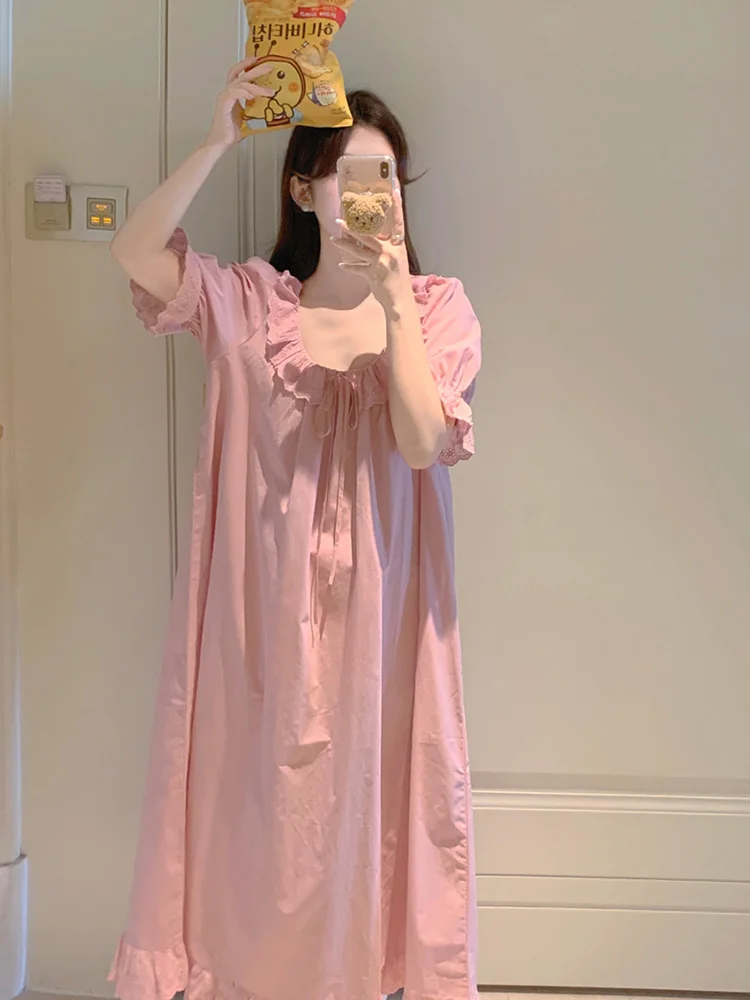 New Elegant Solid V-Neck Korean Style Sweet Simple NightDress Women Princess Autumn Loose Loose Comfortable Sleepwear Home Ins