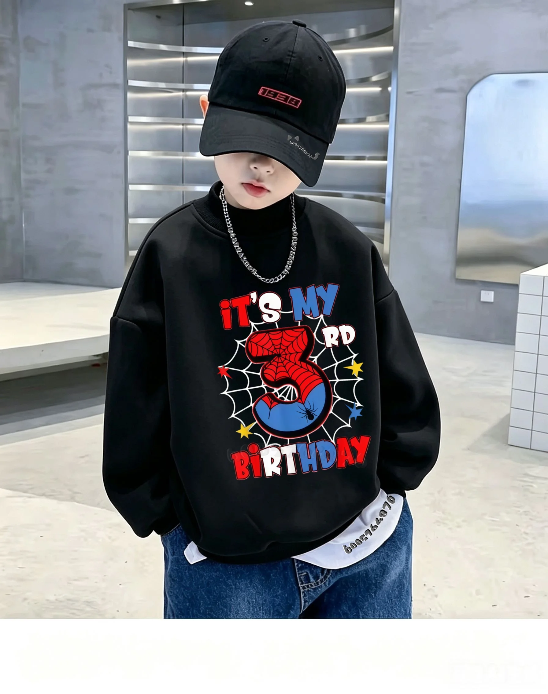 Children's thick fleece pullover with round neck - Birthday number spider web print - Soft and warm boys' and girls' hooded top