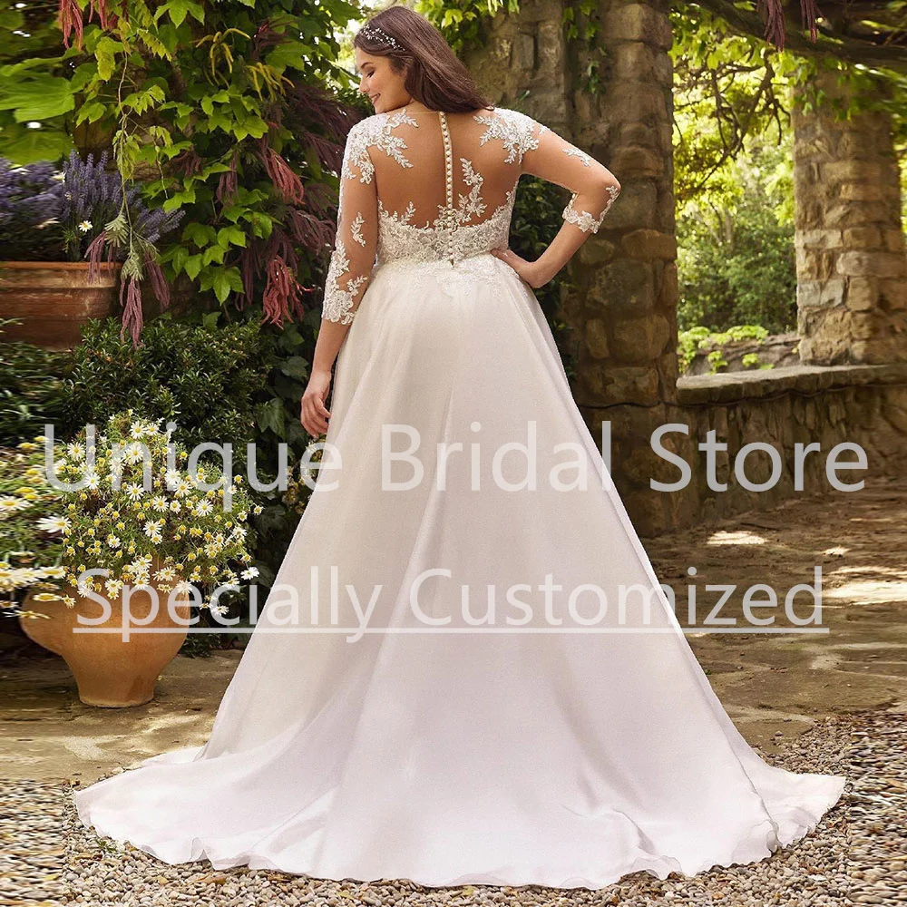 Customized Wedding Dress A-Line Chiffon Applique Draped Crew-Neck 3/4 Long Sleeve Button Brush Train Women Bridal Gown 2023 Cust