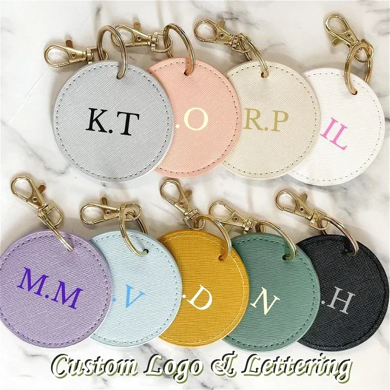 

Custom Logo Round Genuine Leather Keychain Laser Engraved Vintage Door Access Card Holder Key Chain for Airtag Keyring