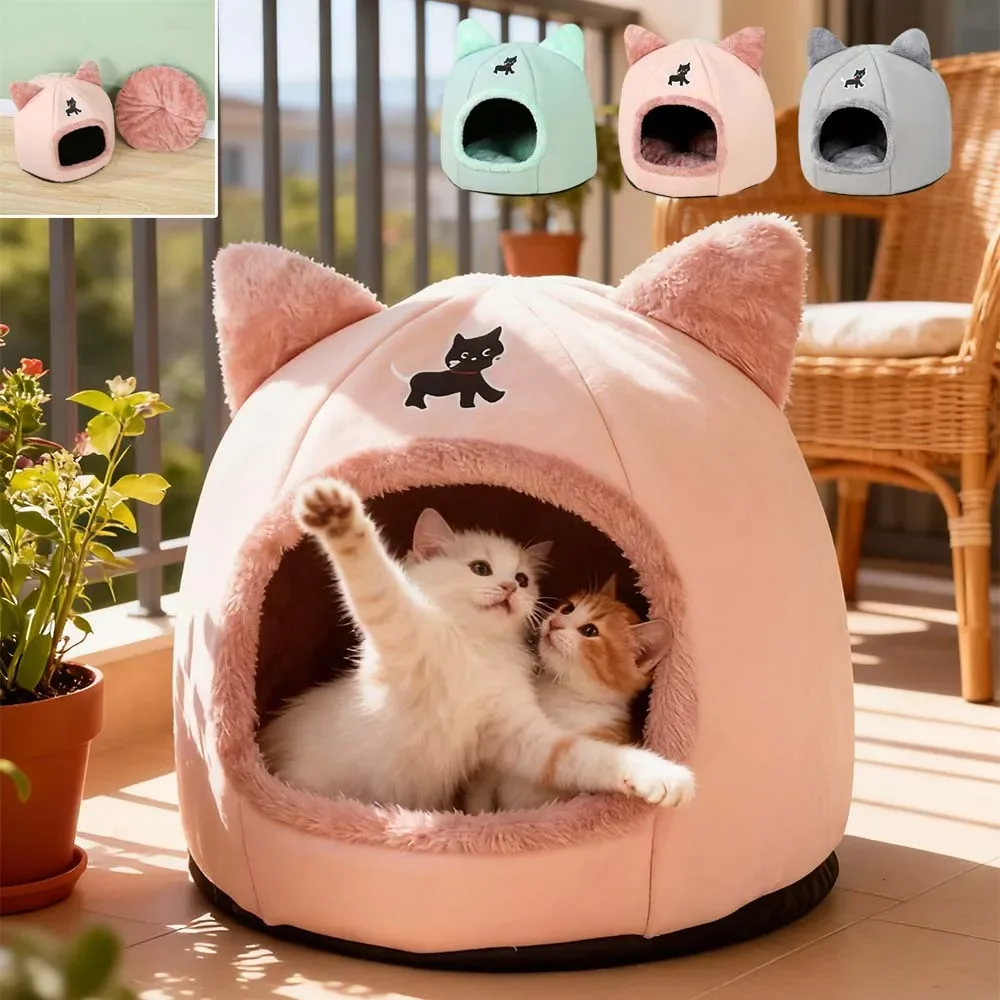 

S/L Windproof Cat Cave Plush Semi-Closed Bed Cozy Fleece Kitten House with Cartoon Ears Foldable Pet Dog Nest for Small Dogs 숨숨집