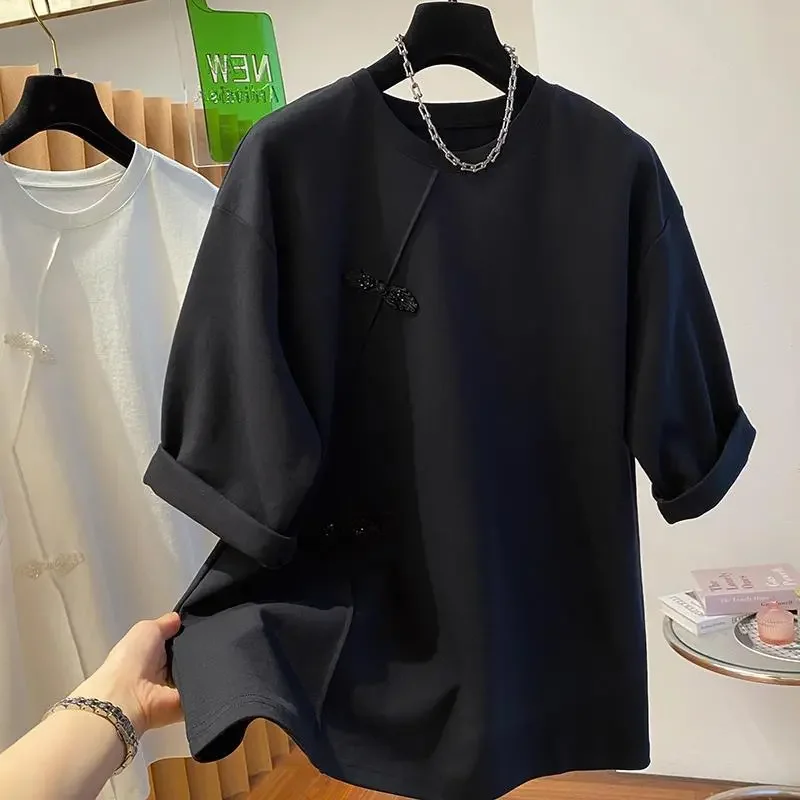 Spring Summer New Chinese Style Short Sleeves T-Shirt Women 2026 New Fashion Loose Tops Leisure Pure Colour Round Collar Female