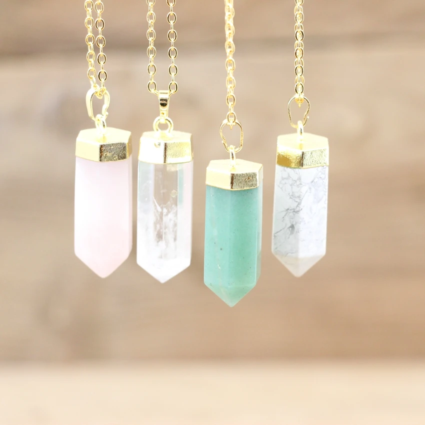 Large Hexagon Point Pendants Necklaces,Healing Crystal Aventurine Rose Quartzs White Turquoises Pointed Charms Jewelry,QC3252