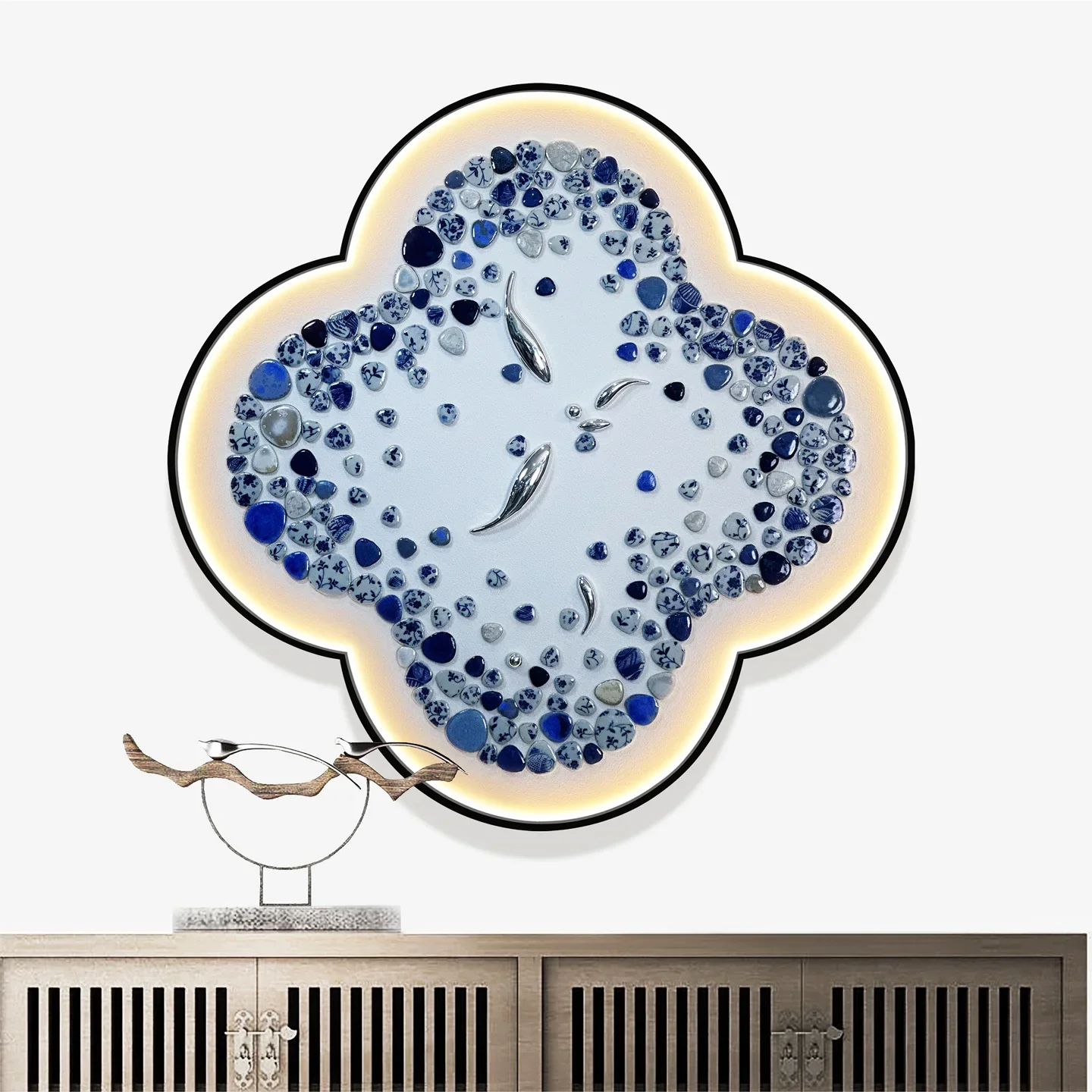 Lotus pond moon blue and white porcelain new Chinese entrance decorative painting with lamp four-leaf clover plum blossom-shaped