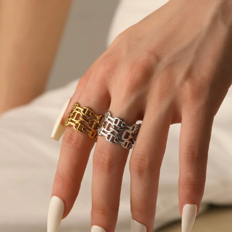 Chain Pig‑Nose Design Ring, Women Luxury Minimalist Open Stainless Steel Ring, Niche High‑Grade Jewelry