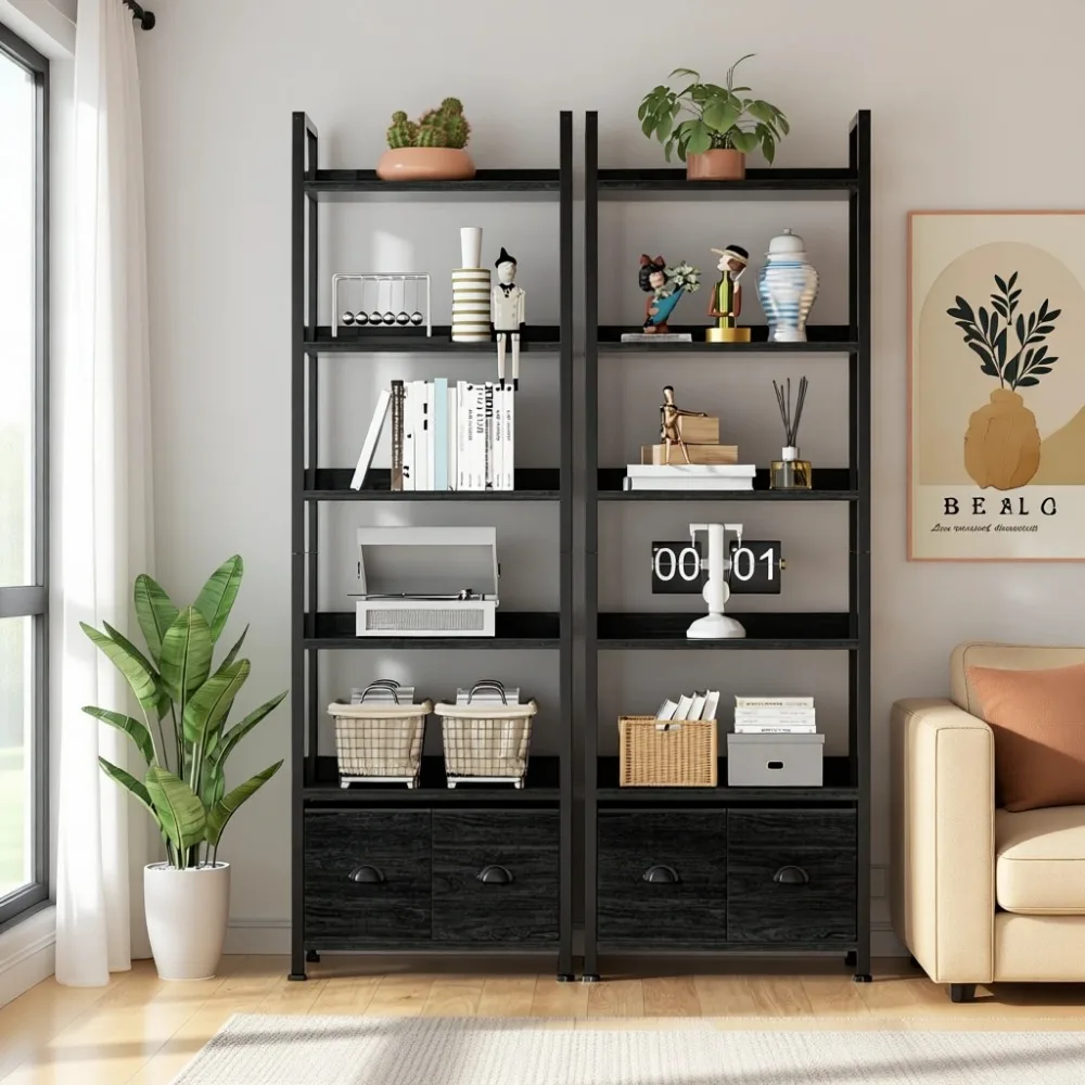 6-Tier Tall Bookcase with Drawers, Industrial Style Storage Organizer for Home Office and Bedroom