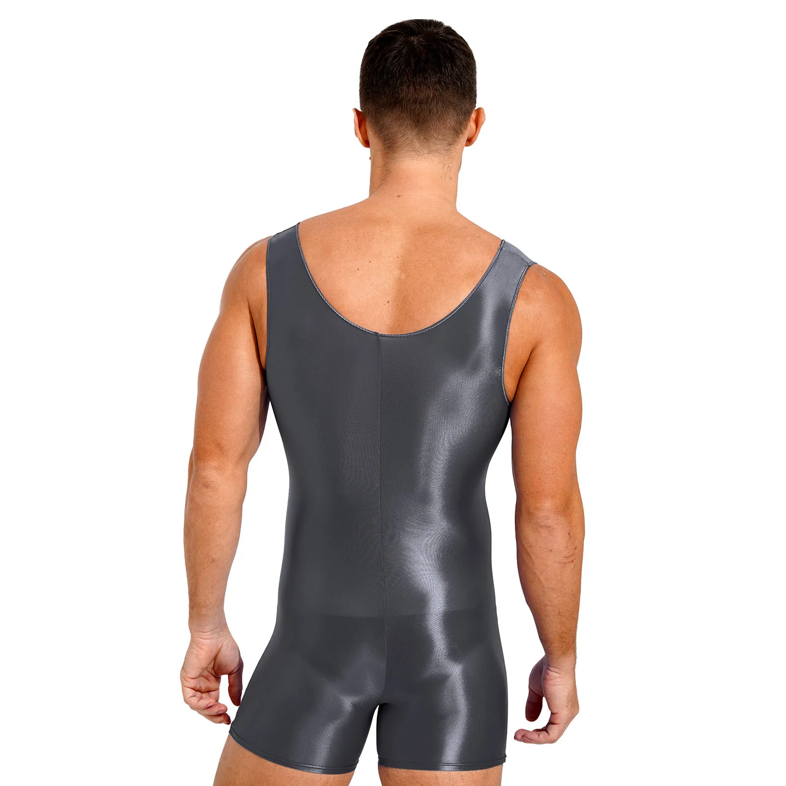 Swimwear Mens Glossy Stretchy Swimsuit One Piece Bodybuilding Gym Fitness Sleeveless U Neck Tank Leotard Swim Bodysuit Jumpsuit