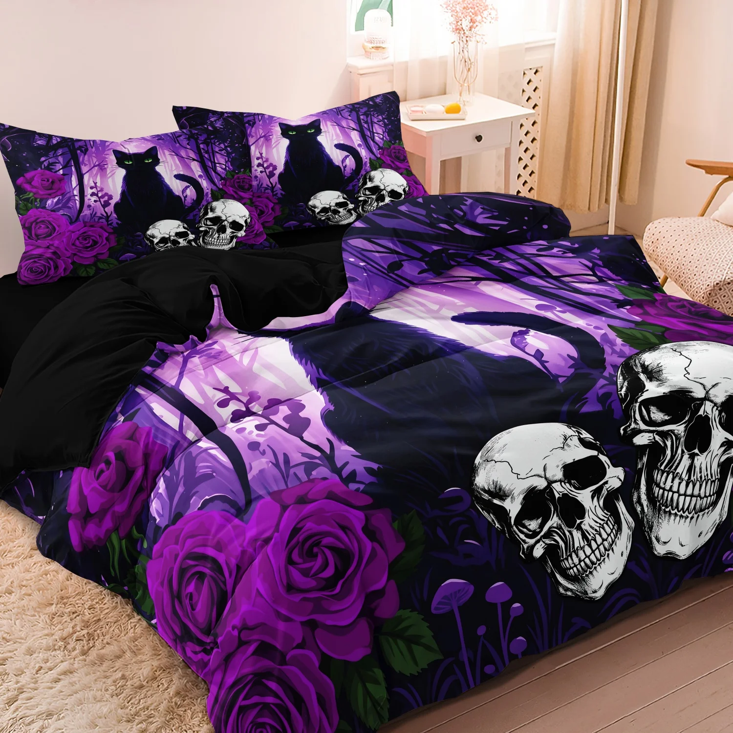 3Pcs Purple Gothic Black Cat Skull Rose Halloween Print Duvet Cover Set, Flower Skeleton Mushroom Spooky Print Bedding