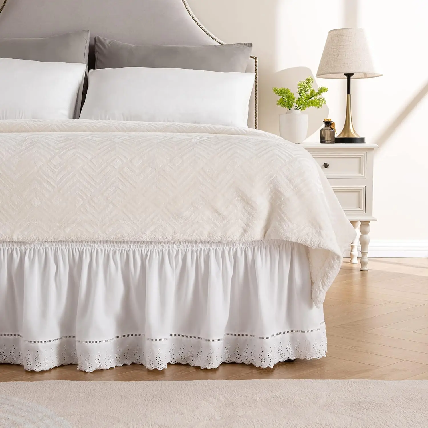 

Wrap Around Ruffled Lace Bed Skirt, Elastic Dust Ruffle With Adjustable Belts,15 H Drop Easy To Put On, Bed Frame Cover, Hine