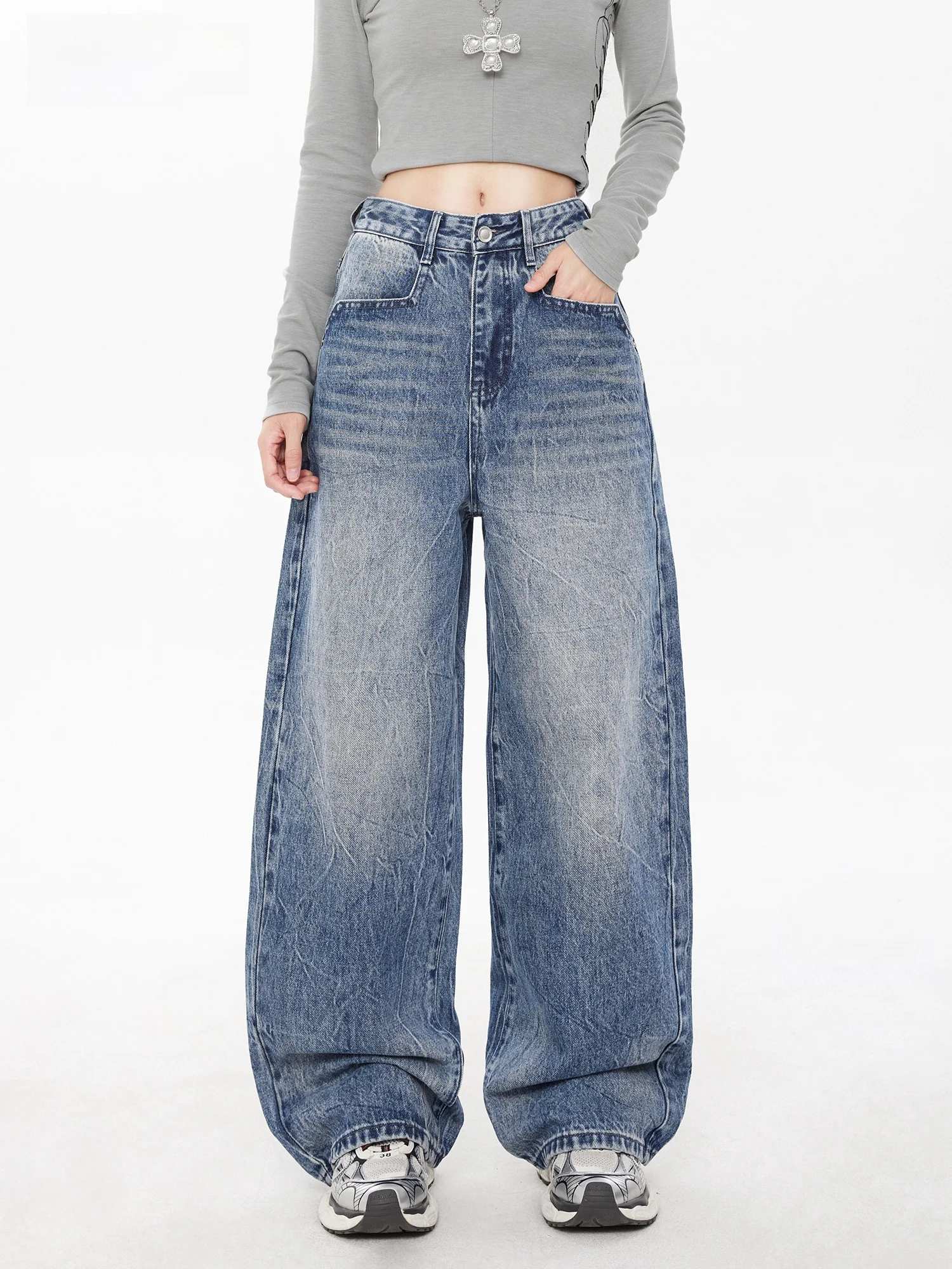 

Blue Cracked Denim Pants Women's Loose Wide Leg Casual Style Embroidery Design Spring Season Casual Wear Cotton Polyester Blend