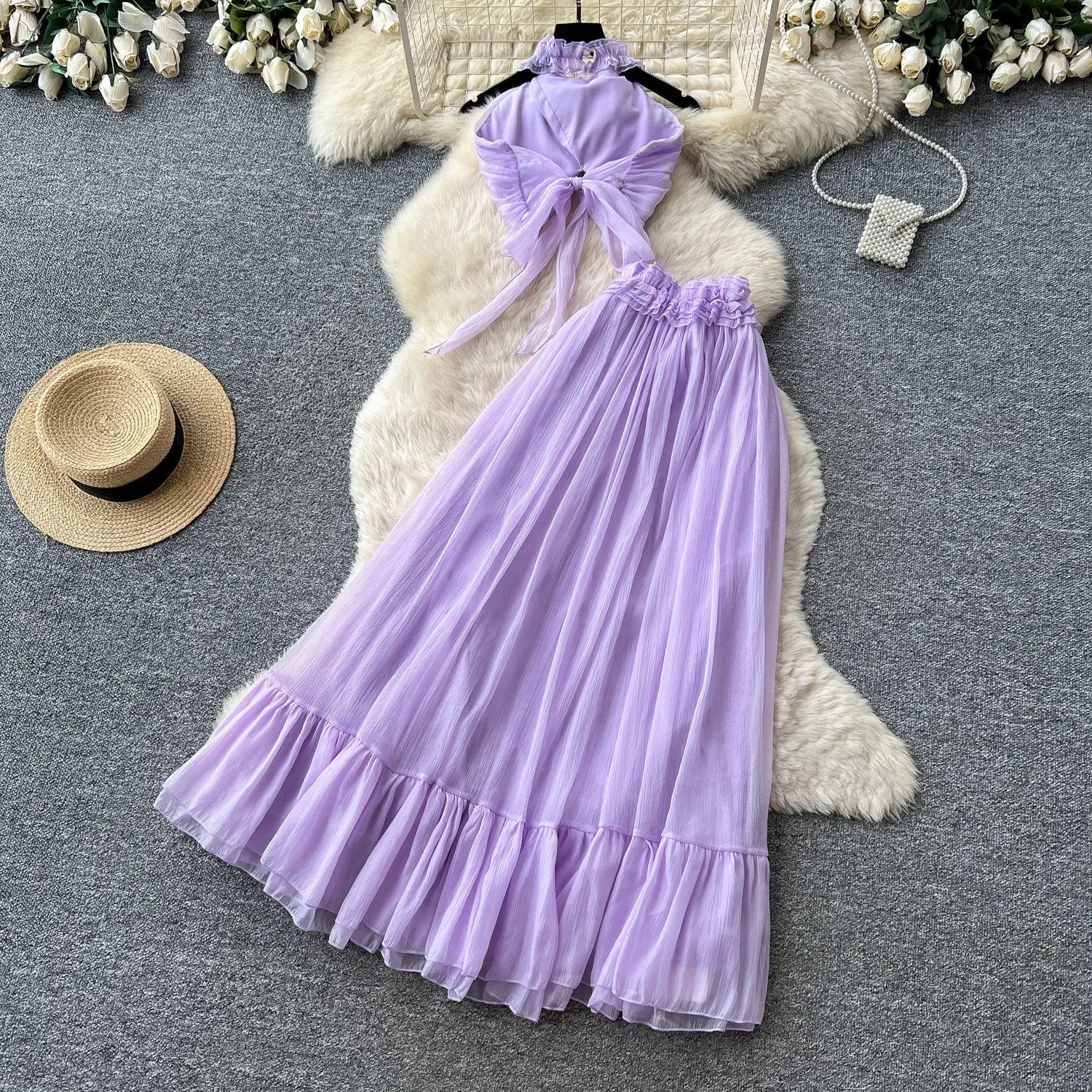 Zweiteiliges Damen-Plissee-Kleid-Set Einfarbiges Passendes Set Neckholder-Top Ärmellos Knöchellanger Rock Schlanke Passform Lässig 2026 Sommer