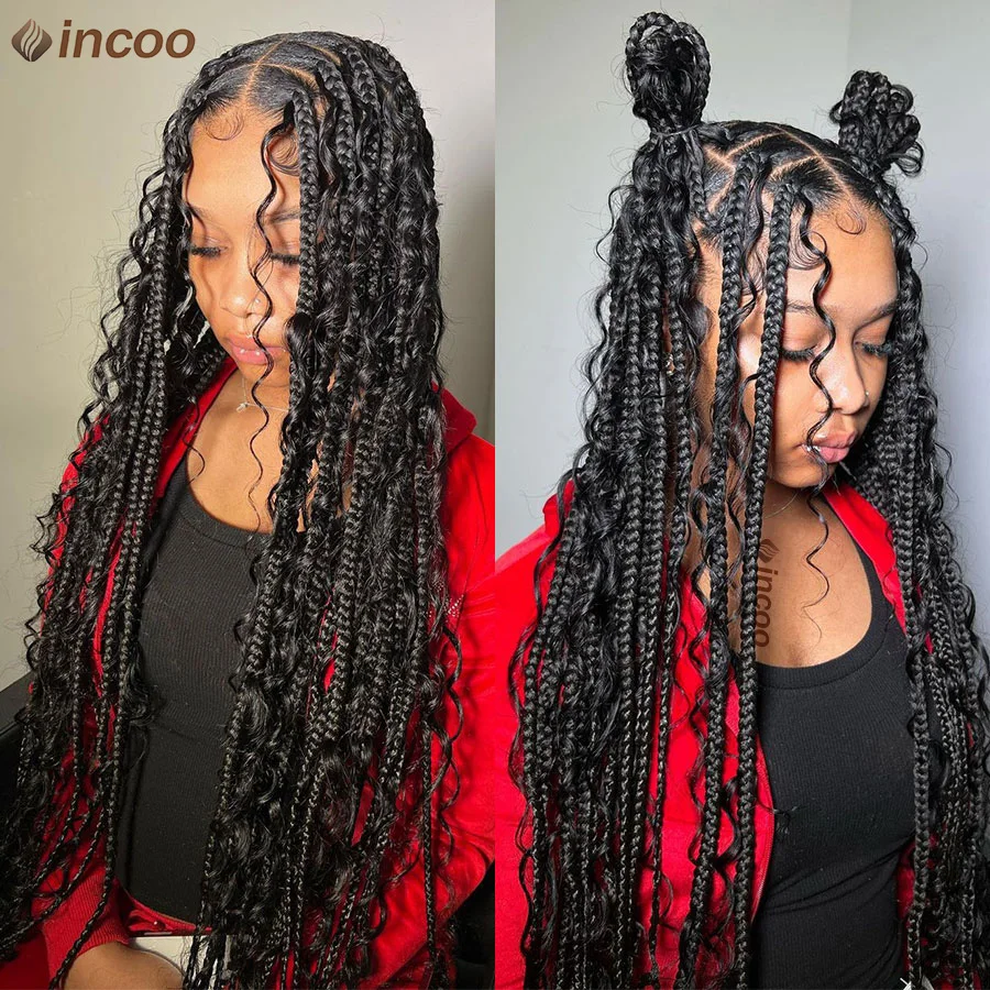 Synthetic Boho Knotless Braided Wigs For Black Women 32'' Square Box Braids Wigs With Boho Curls Full Lace Cornrows Braided Wigs