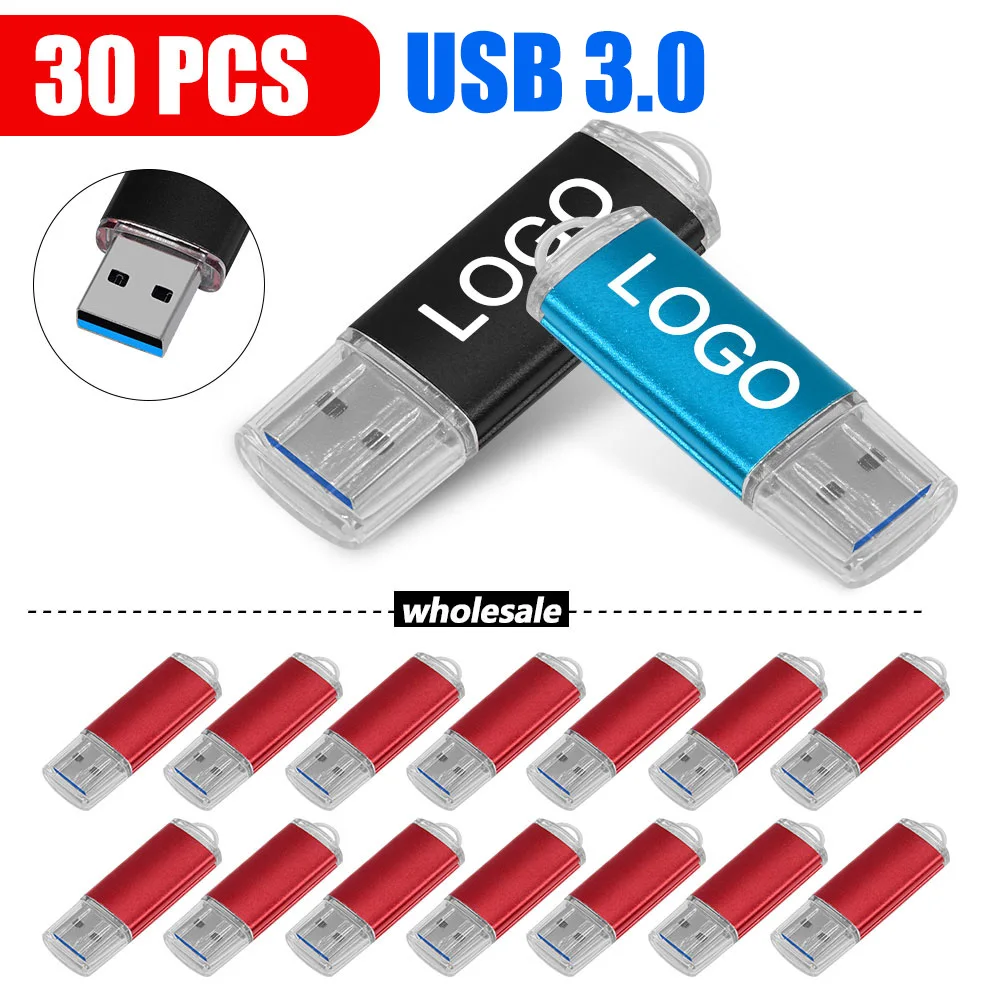 30 Stks/partij Usb 3.0 Flash Drive 64Gb Pen Drive Hoge Snelheid Metalen Pendrive 8gb 16gb 32Gb Geheugenschijf Gratis Custom Logo Usb Sticks Cadeau