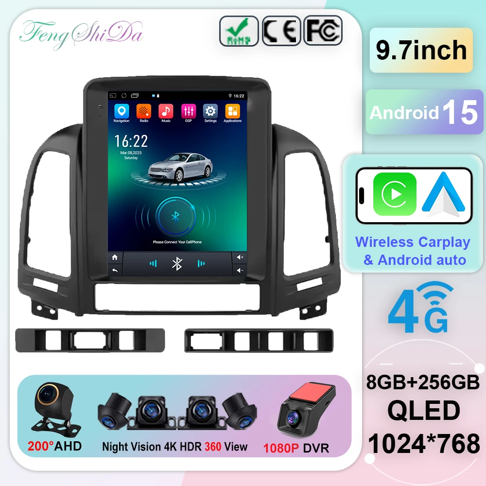 

9,7-дюймовый Android 15 для Hyundai Santa Fe 2 2006-2012 Автомобильный радиоприемник Стерео Мультимедийный видеоплеер Навигация DVD Головное устройство GPS 5G