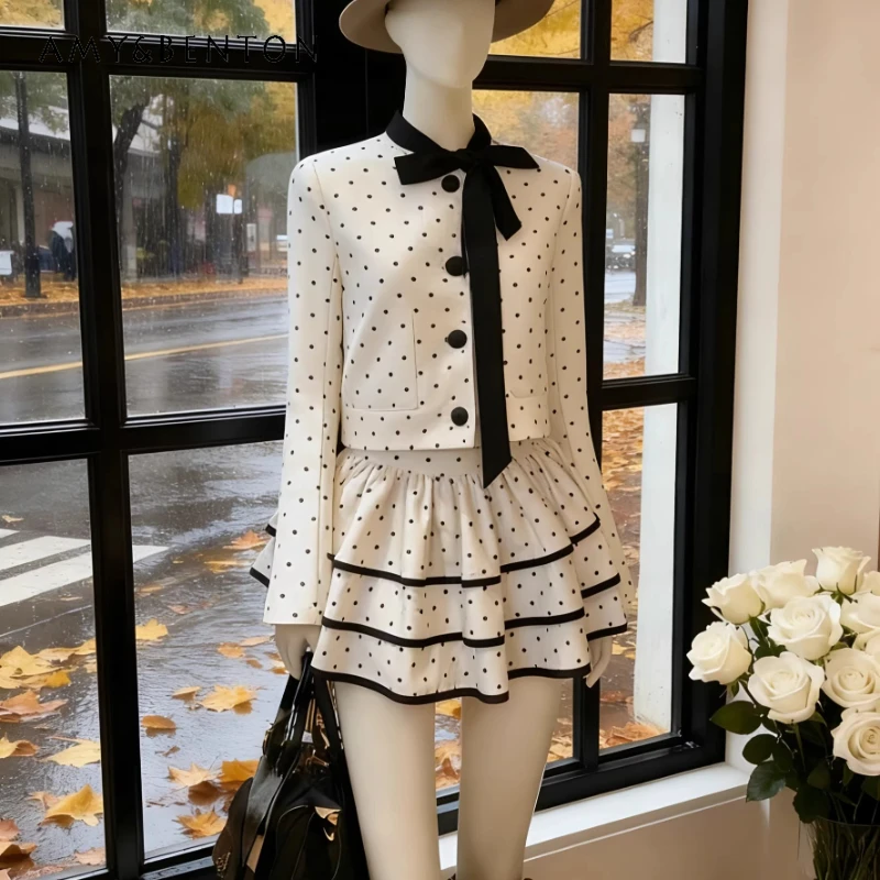 

2026 Spring New Fashion Polka Dot Bow Women's Shirt Original French Style Design White Sweet Temperament Cake Skirts Sets Ladies