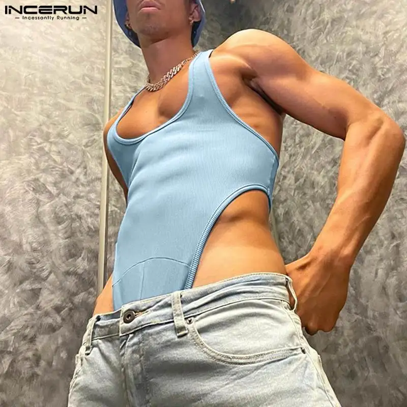 2023 Mannen Bodysuits Effen Kleur Streetwear O-hals Mouwloze Sexy Rompertjes Fitness Mode Mannelijke Bodysuits Tank Tops S-5XL Incerun