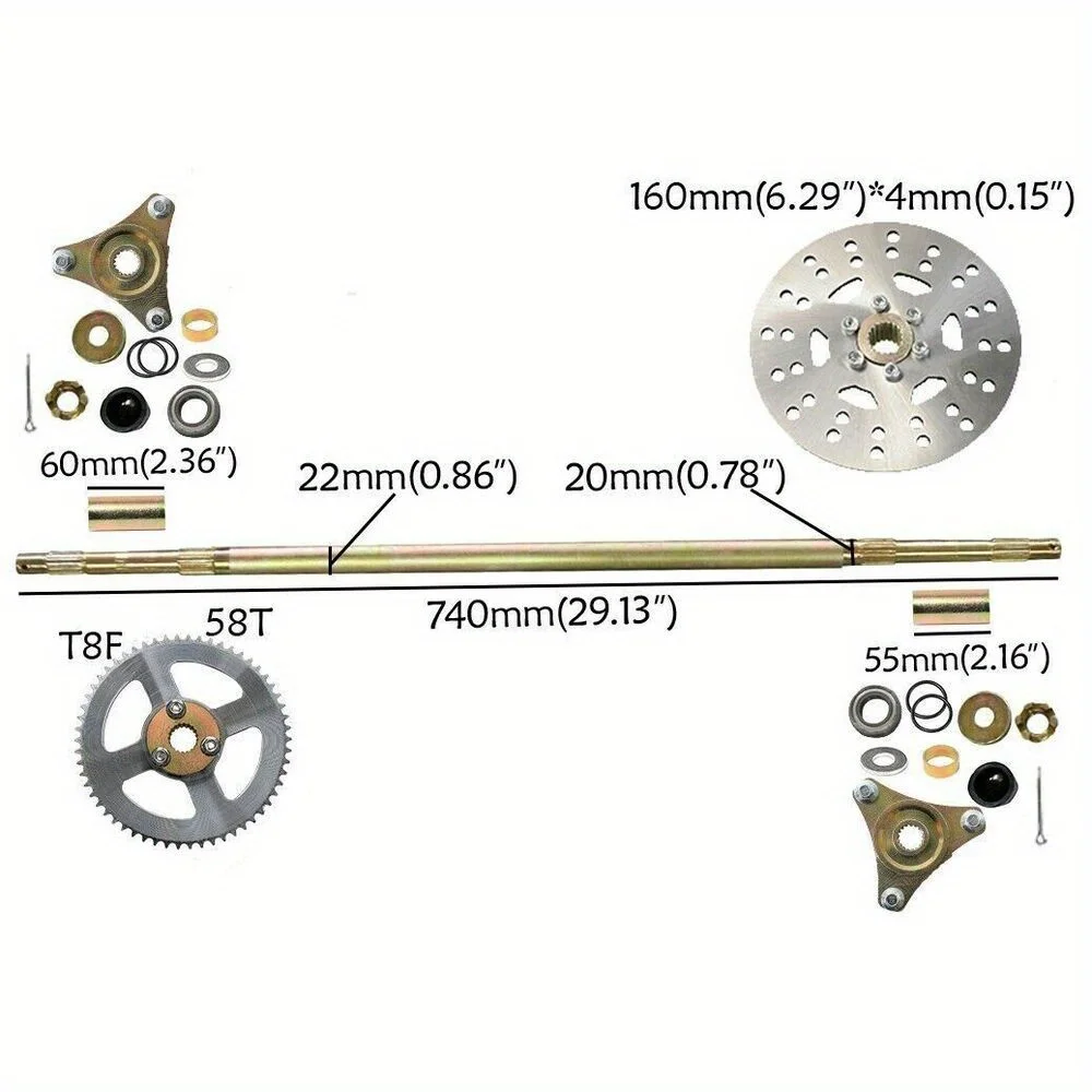 740mm Rear Axle Kit 1800w Motor 6'' Wheel Controller LCD Throttle w/ ignition switch Ped T8F Chain Sprocket for Go Kart