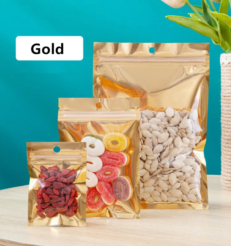 100PCS Flat Glossy Aluminum Foil Ziplock Visible Bag Clear Front Coffee Sugar Snack Chocolate Biscuit Dried Fruits Zip Pouches