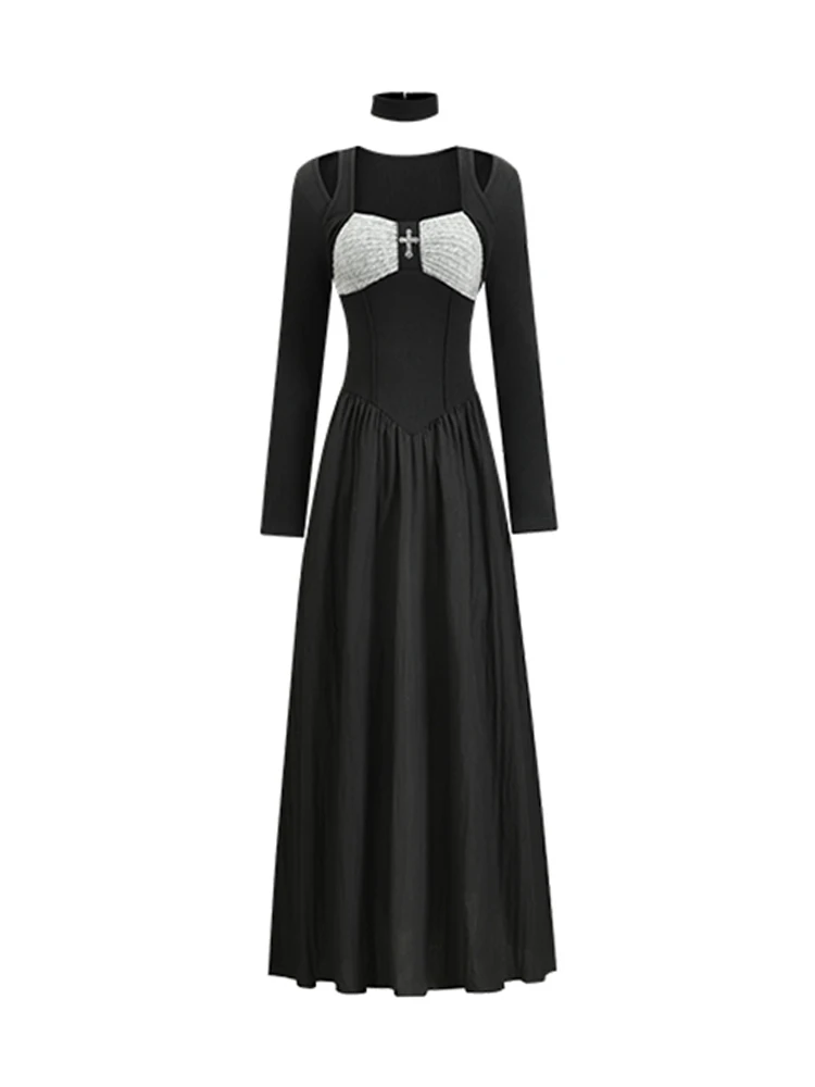 

Черное трикотажное платье с длинным рукавом в стиле Хепберн, с завышенной талией, расклешенной юбкой, из полиэстера, для повседневной носки, осень 2025