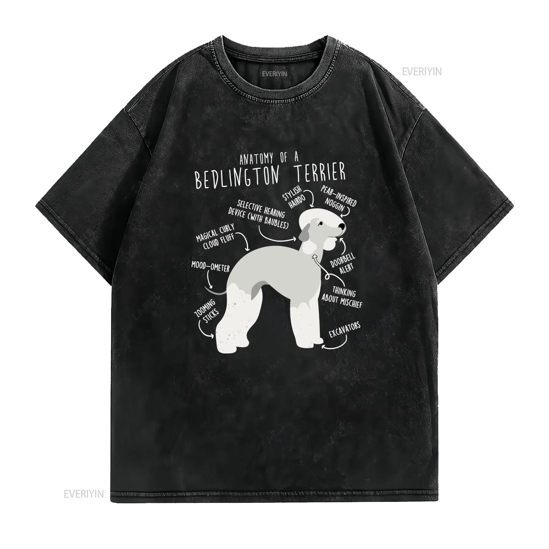 Funny Cartoon Bedlington Terrier Anatomy Print Dog Lover Casual T Shirt vintage Washed Versatile streetwear
