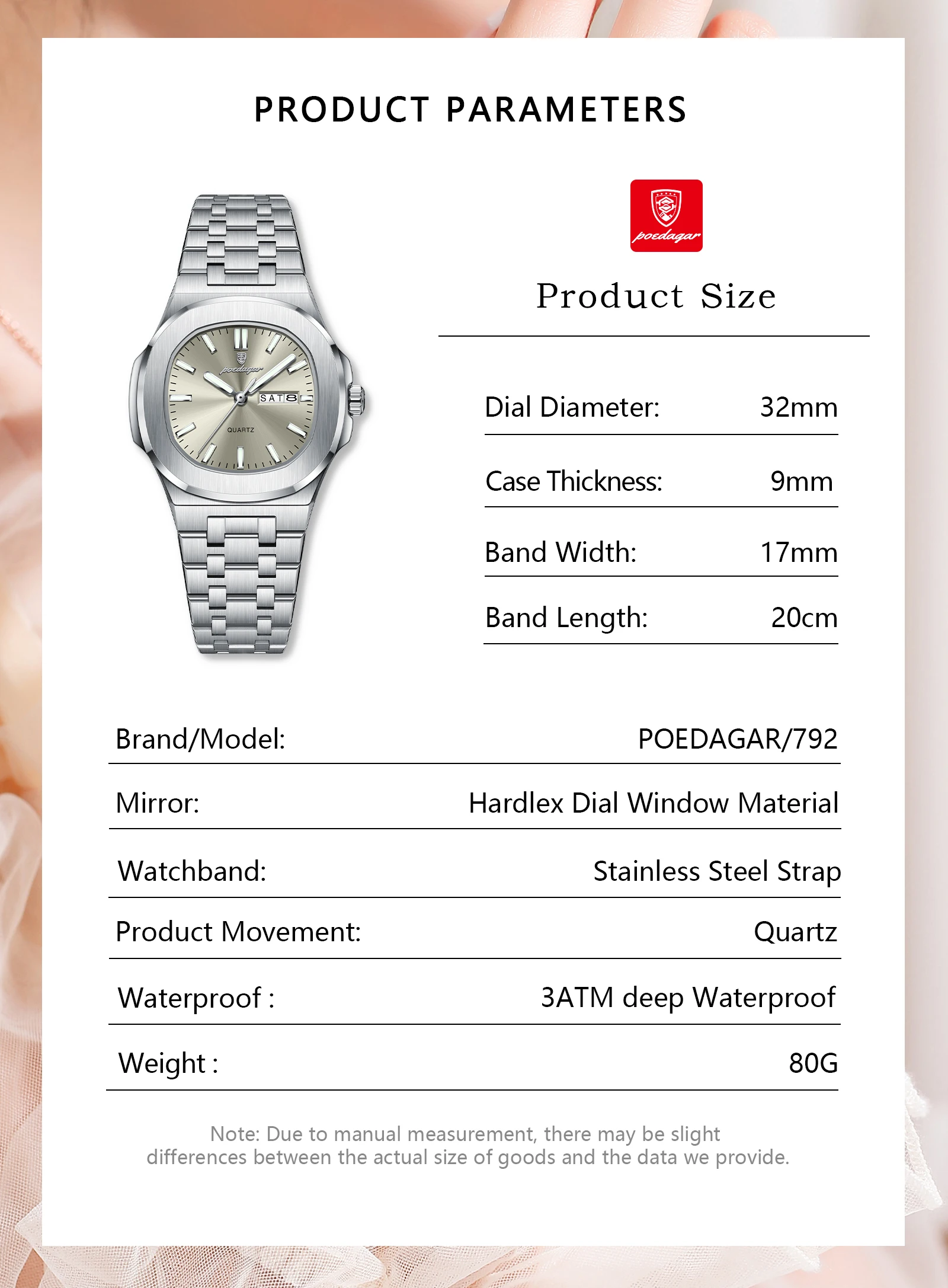 POEDAGAR Quadratische Damenuhr Datum Woche Wasserdicht Leuchtende Damenuhr Edelstahl Quarz Mode Damenuhren Reloj Geschenk – Detail 8