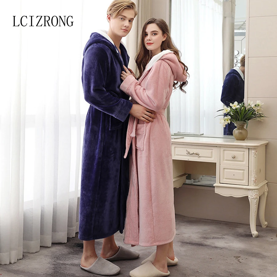 

Winter Plus Size Couple Long Warm Hooded Bathrobe Women/Men Sexy Flannel Dressing Gown Bridesmaid Robes Sleepwear Female