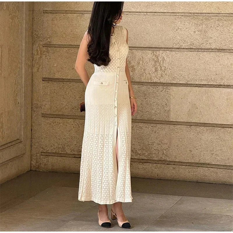 Elegant Single Breasted Knitted Slim Dresses Women Sexy O Neck Sleeveless Split Long Dress 2024 New Chic Female High Street Robe