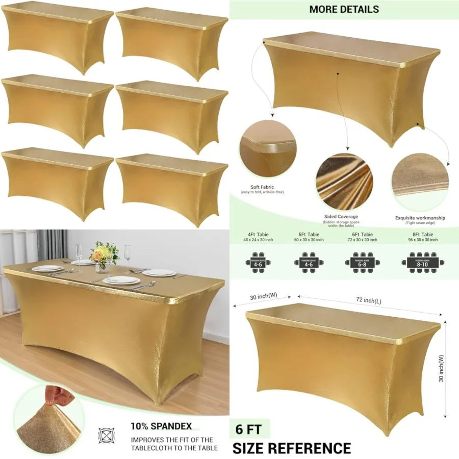 

6 Pack Stretch Spandex Table Covers for 6 Feet Tables - 6 Feet Universal Rectangular Fitted Tablecloth Protector for Wedding, B