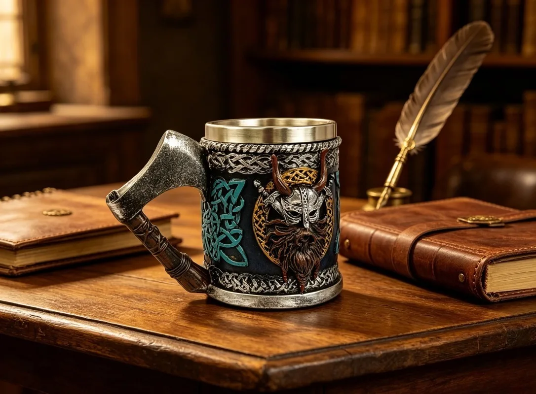 

Warrior Beer Stein Axe Handle 3D Embossed Resin Mug with Stainless Steel Insert Retro Medieval Drinking Vessel for Bar Party