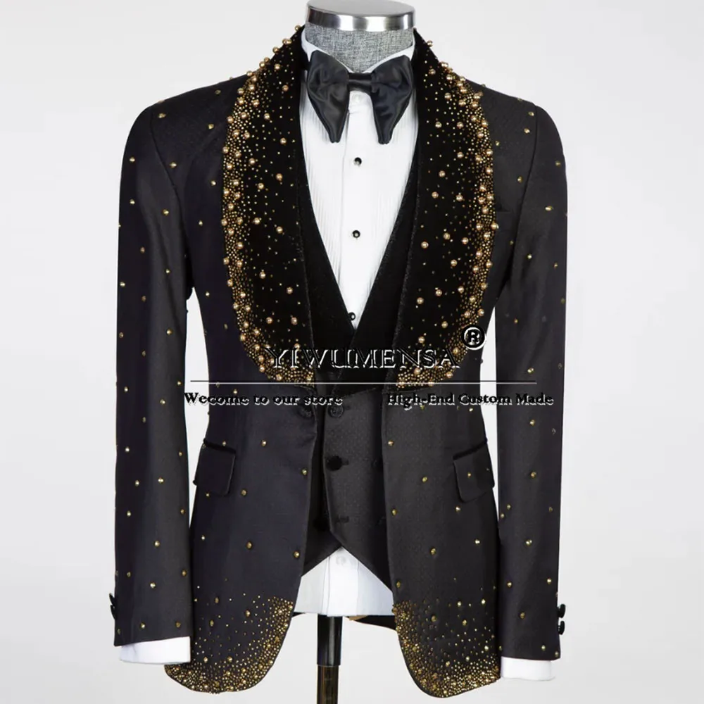 Luxury Golden Pearls Suits Men For Wedding Black Shawl Lapel Jacket Vest Pants 3 Pieces Groom Tuxedo Custom Made Business Dress