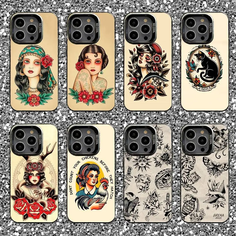 

Old School Tattoo Vintage Phone Case For iPhone 16,15,14,13,12,11,Pro,XS,Max,Plus,Mini,SE Black Candy Matte Shockproof Cover